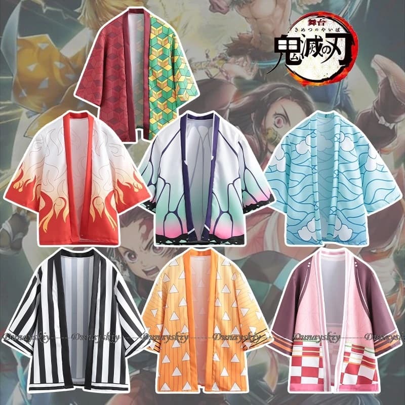 Capa de disfraz de Anime Kimetsu Haori, Kimono Agatsuma Zenitsu Kochou Shinobu, abrigo de verano, camisa, gabardina