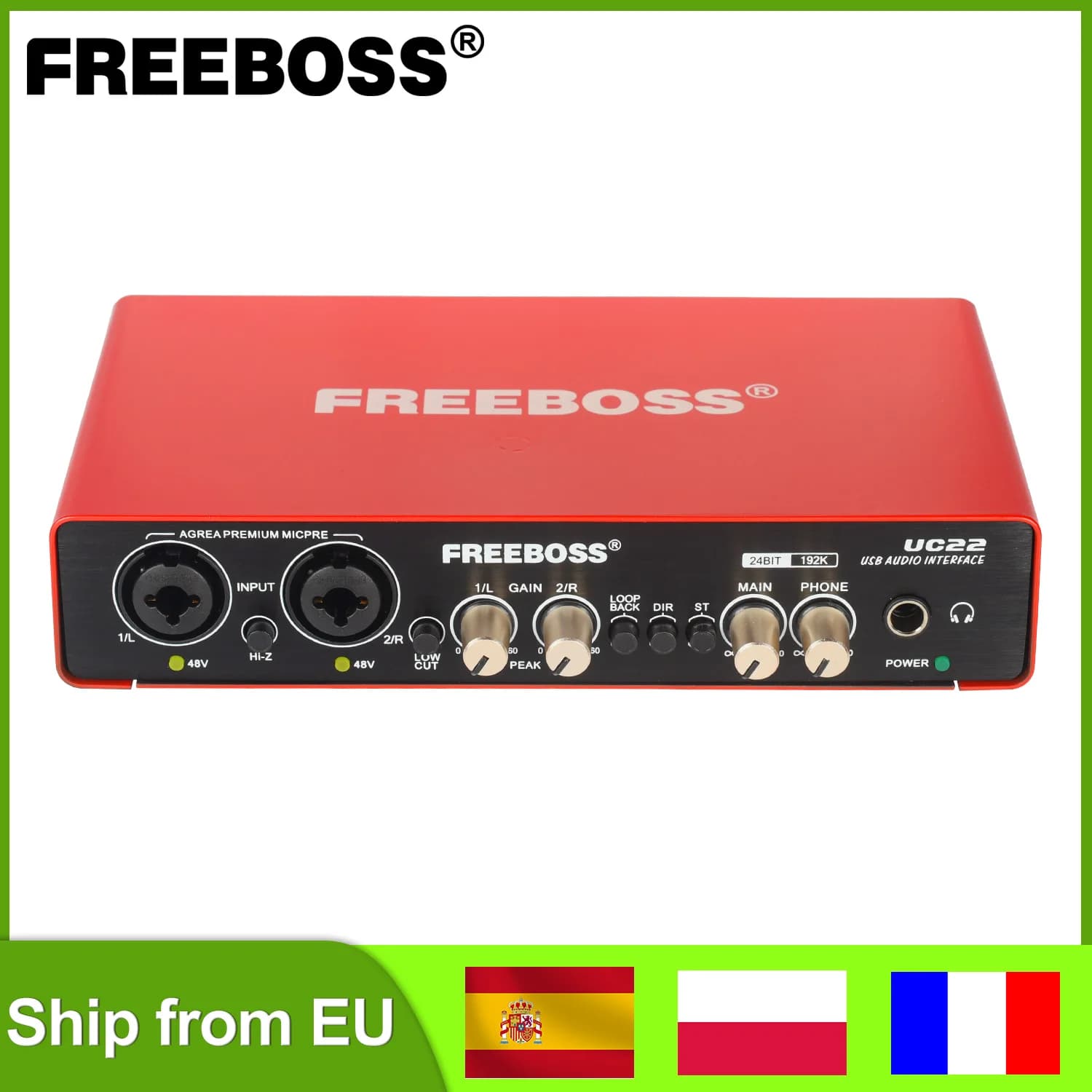 FREEBOSS 24Bit 192KHz interfaz de Audio profesional PC grabación estéreo guitarra 48V 2 XLR entrada de micrófono USB tarjeta de sonido externa UC22