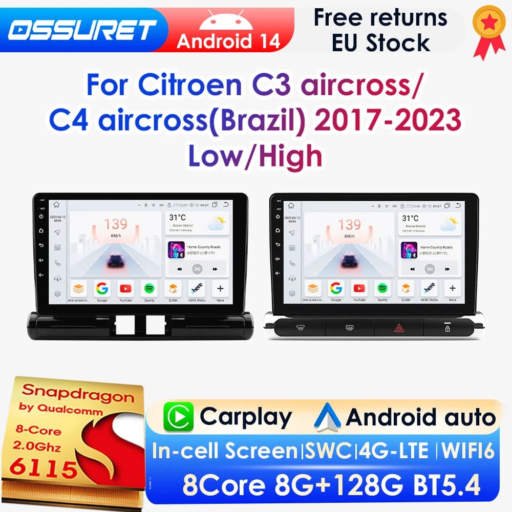 Snapdragon 8Core CarPlay Android Auto Radio de coche para C3 Aircross 2017 - 2023 Citroen C4 GPS SWC 4G BT DSP 360 ° Cámara panorámica
