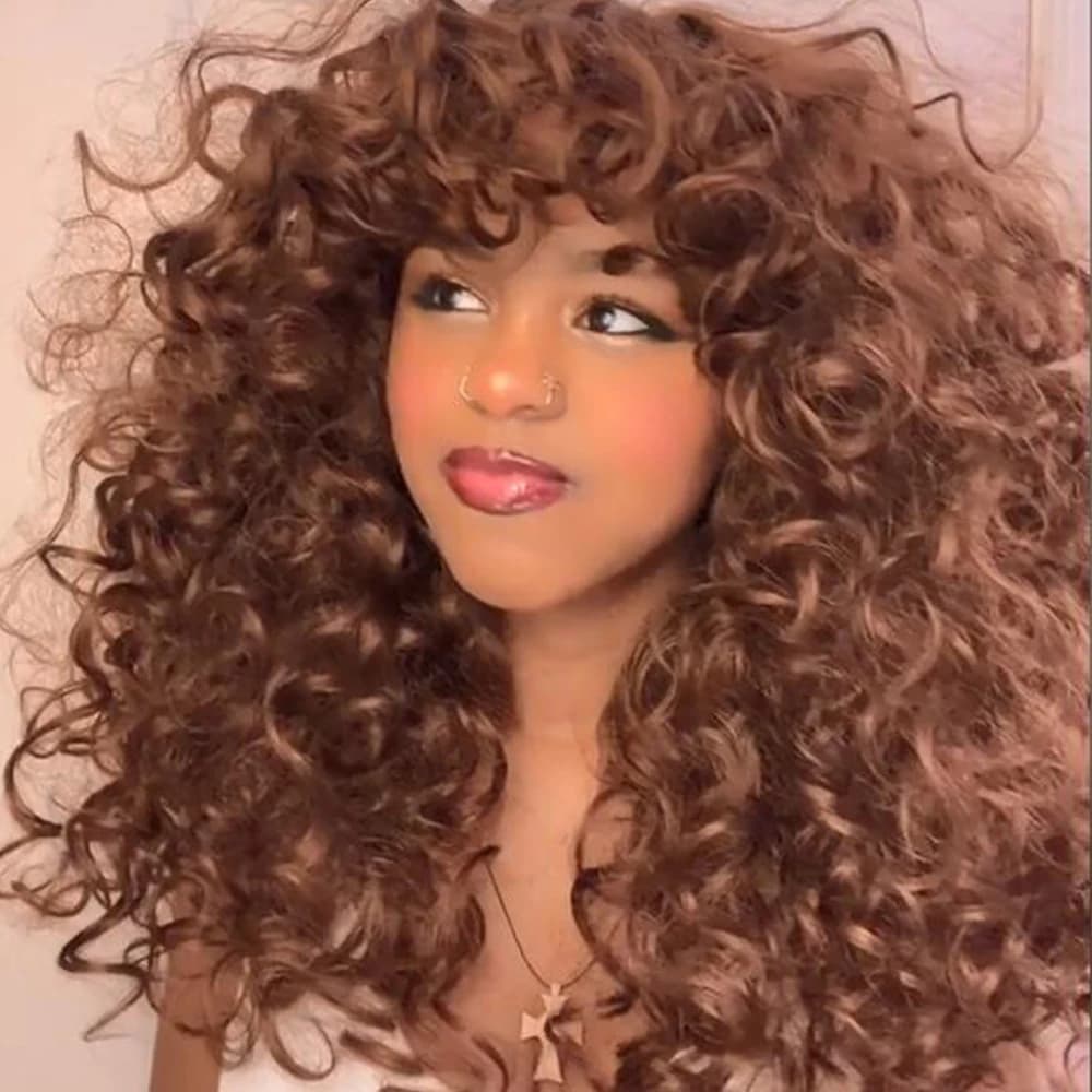 Pelucas sintéticas rizadas cortas de jengibre y cobre rojo marrón para mujer, pelucas naturales con flequillo, pelo de Cosplay resistente al calor