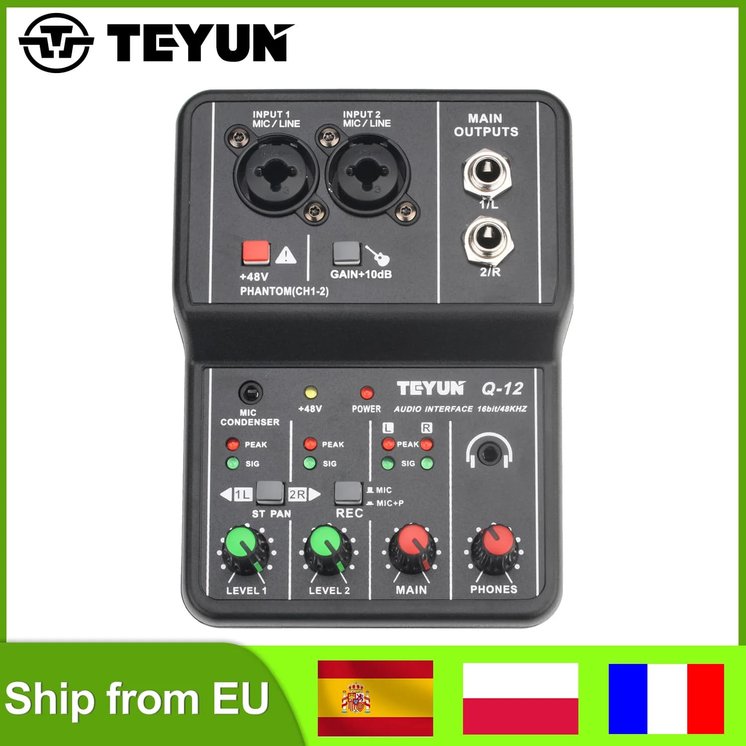 Interfaz de Audio de guitarra TEYUN, tarjeta de sonido USB externa de 16 bits y 48KHz, tarjeta de sonido de grabación de PC con 2 entradas de