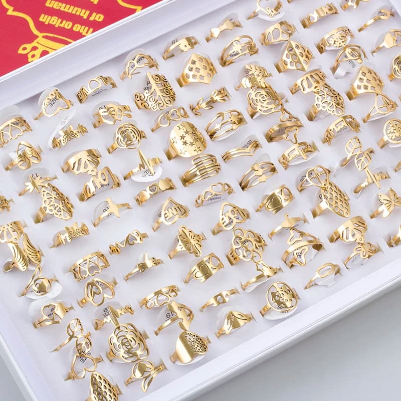 100 piezas de anillos grabados de acero inoxidable para hombres y mujeres, joyería con dijes de moda, regalo, anillos de dedo de flores huecas, lotes