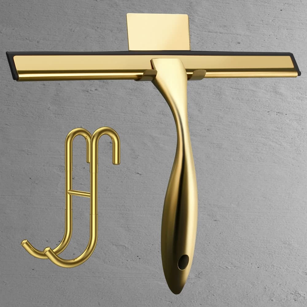 Escurridor de acero inoxidable para vidrio de ducha, 10 pulgadas, Color dorado con ganchos, limpiador de puerta, coche, cocina, baño, raspador de