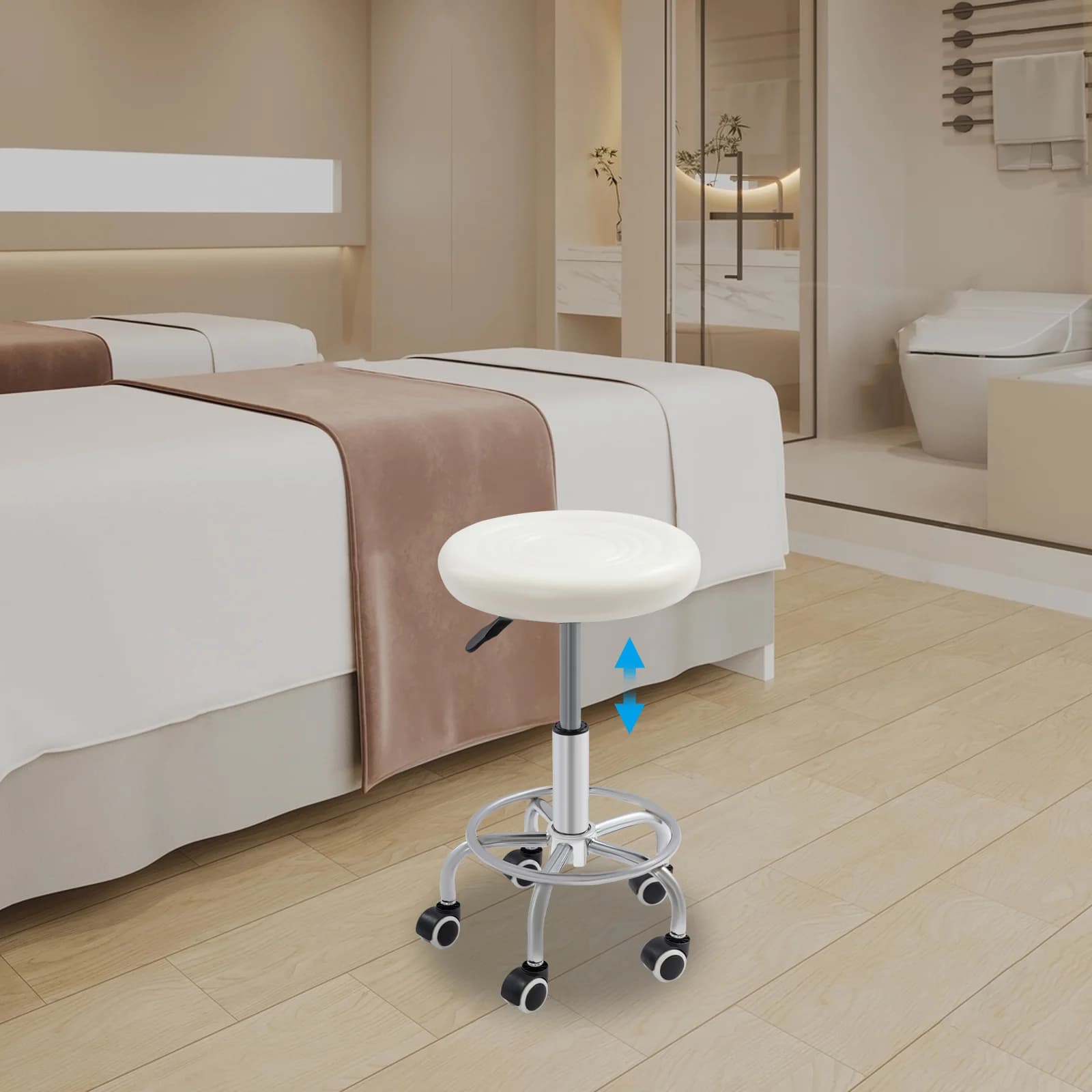 Taburete Rodante Redondo Ajustable de 45-57 cm, Silla Giratoria con Ruedas para Salones de Belleza, Salones de Masajes, Bares, etc.
