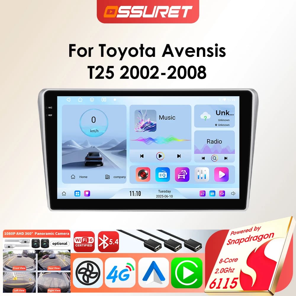 Reproductor de Radio de coche Android OSSURET para Toyota Avensis T25 2002- 2008 Carplay Auto GPS 2DIN 8core Multimedia de coche de Snapdragon 6115