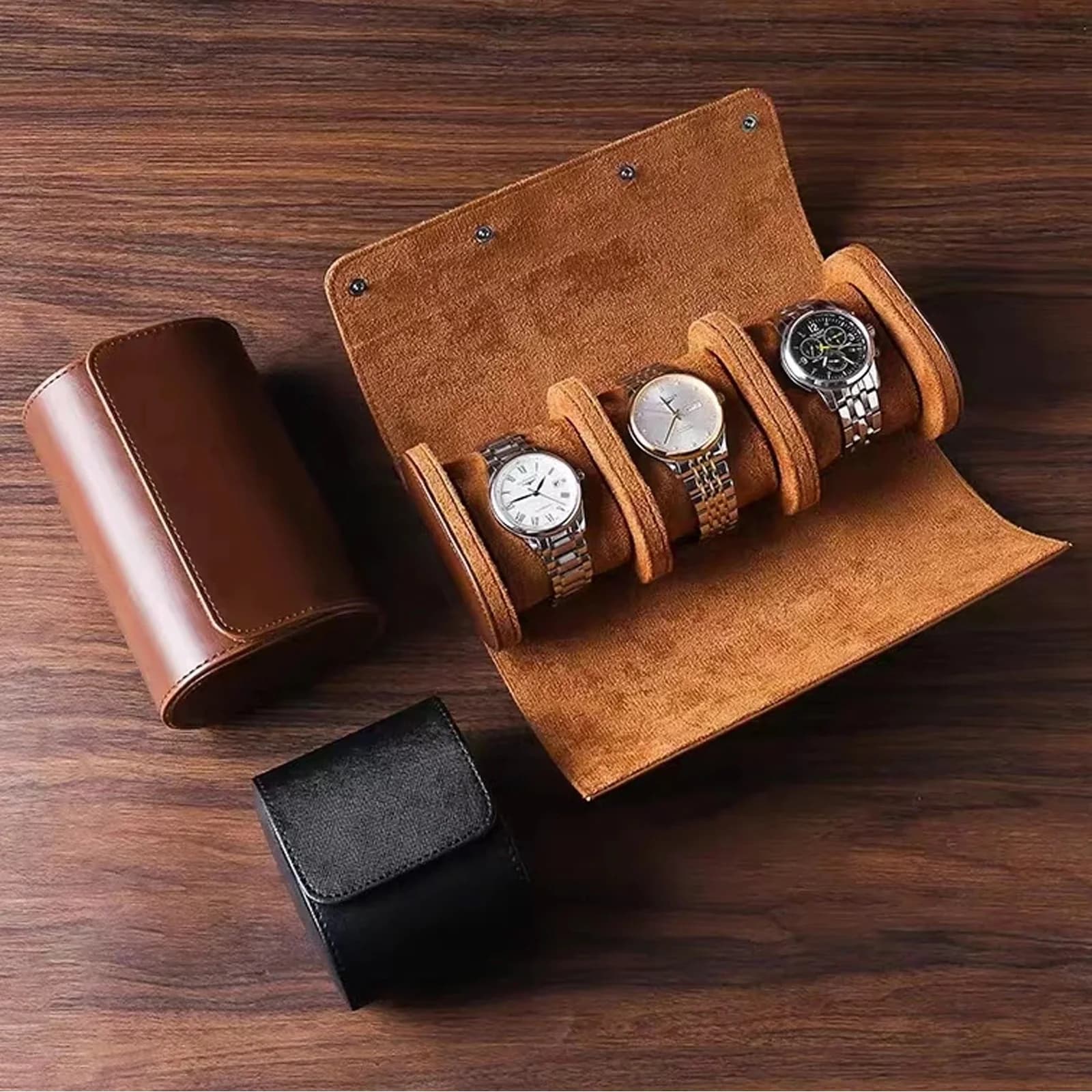 Estuche de viaje con rollo de reloj, almacenamiento y organizador de 3 relojes, almacenamiento seguro con innovadores almohadas extraíbles y
