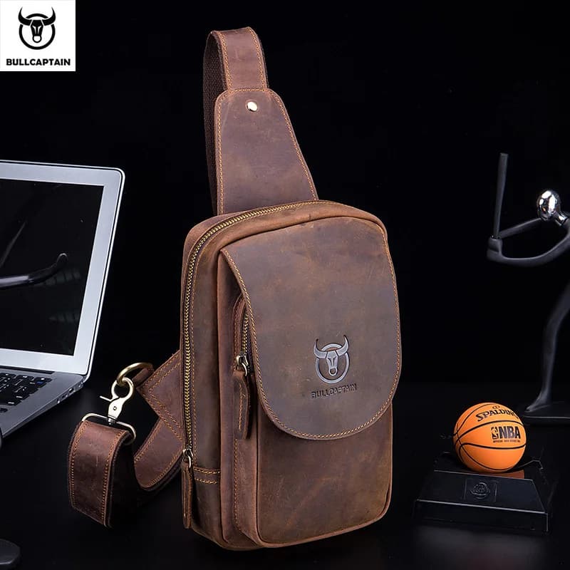 BULLCAPTAIN, bolsos cruzados para hombre, bolso de pecho de cuero Crazy Horse, bolsos cruzados de cuero para hombre, bolso de viaje corto con bolsillo