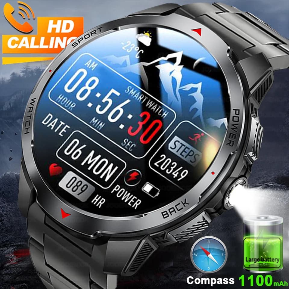 Reloj inteligente militar para exteriores con batería de gran capacidad de 1100mAh, pantalla de 1,7 pulgadas, brújula, llamada Bluetooth, reloj