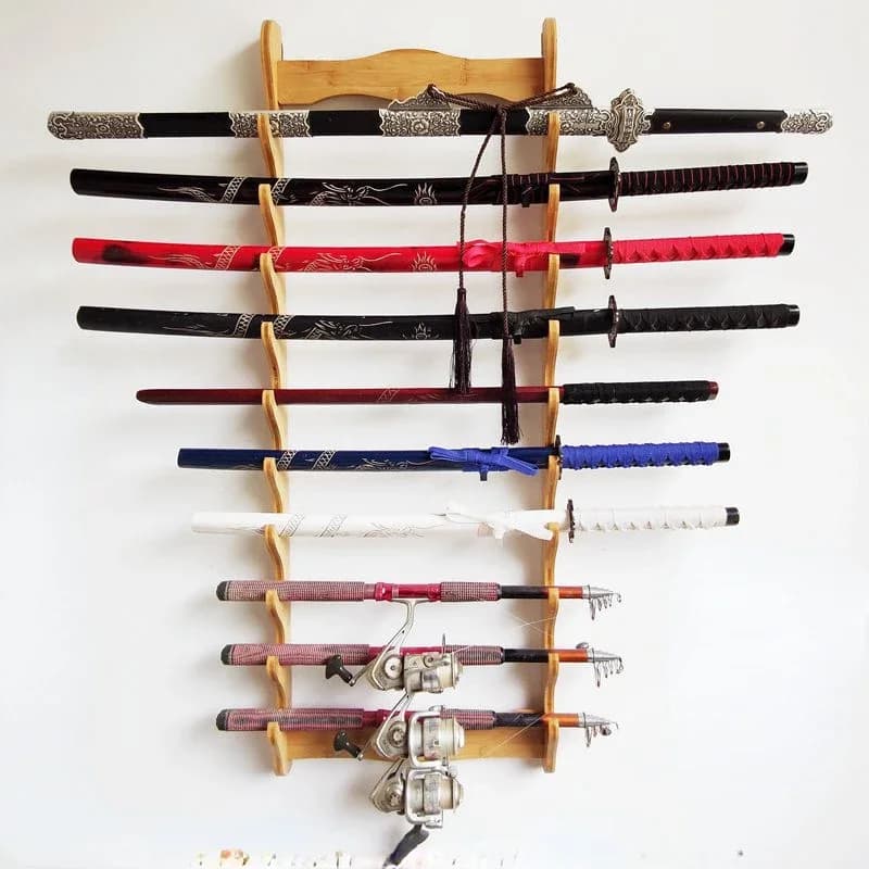 Estante colgante de pared para almacenamiento de espada de bambú, estante para flauta, estante de madera multicapa para organizador de equipos de
