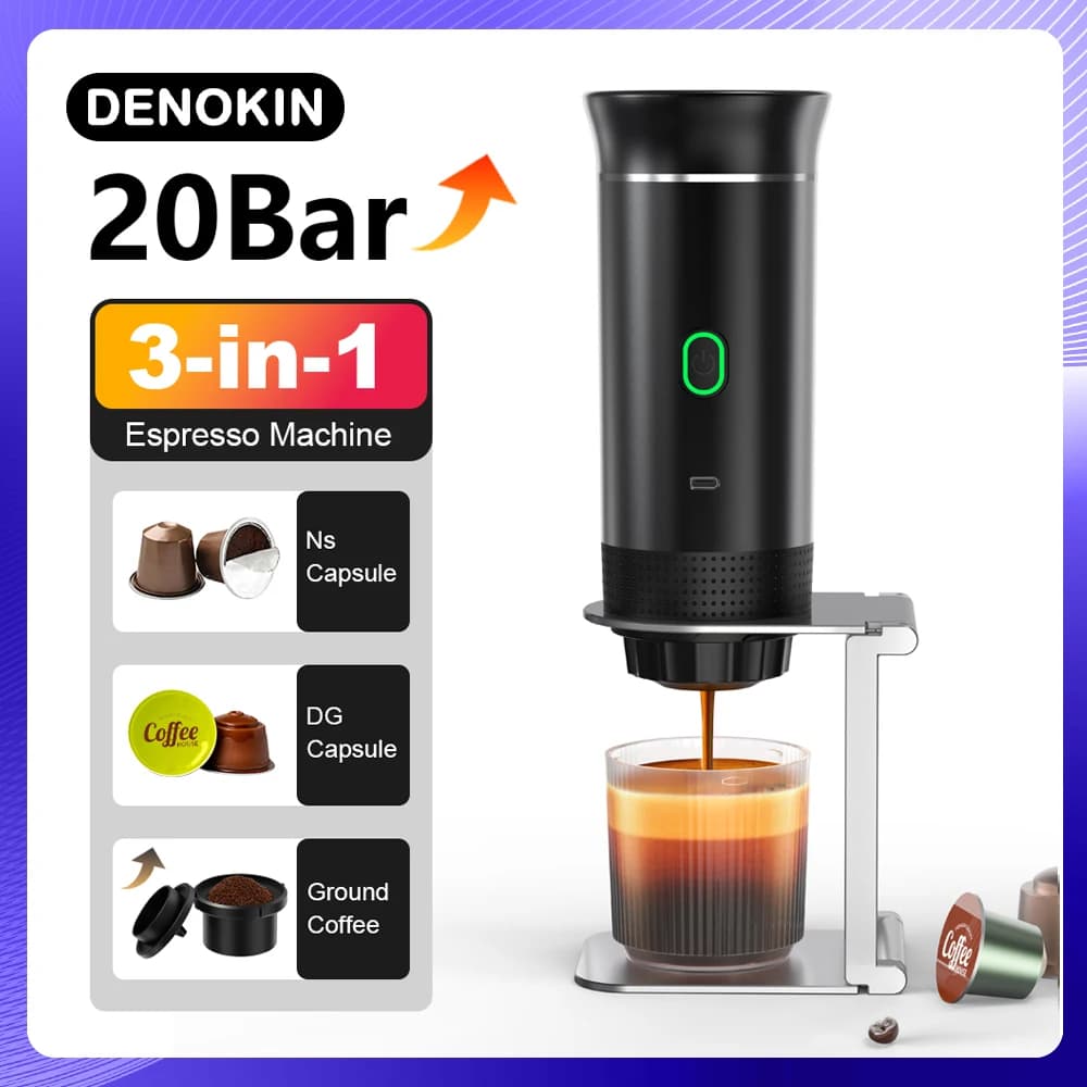 Cafetera Espresso portátil eléctrica inalámbrica para coche y hogar, cafetera para acampar, cafetera de viaje en polvo con cápsula 3 en 1