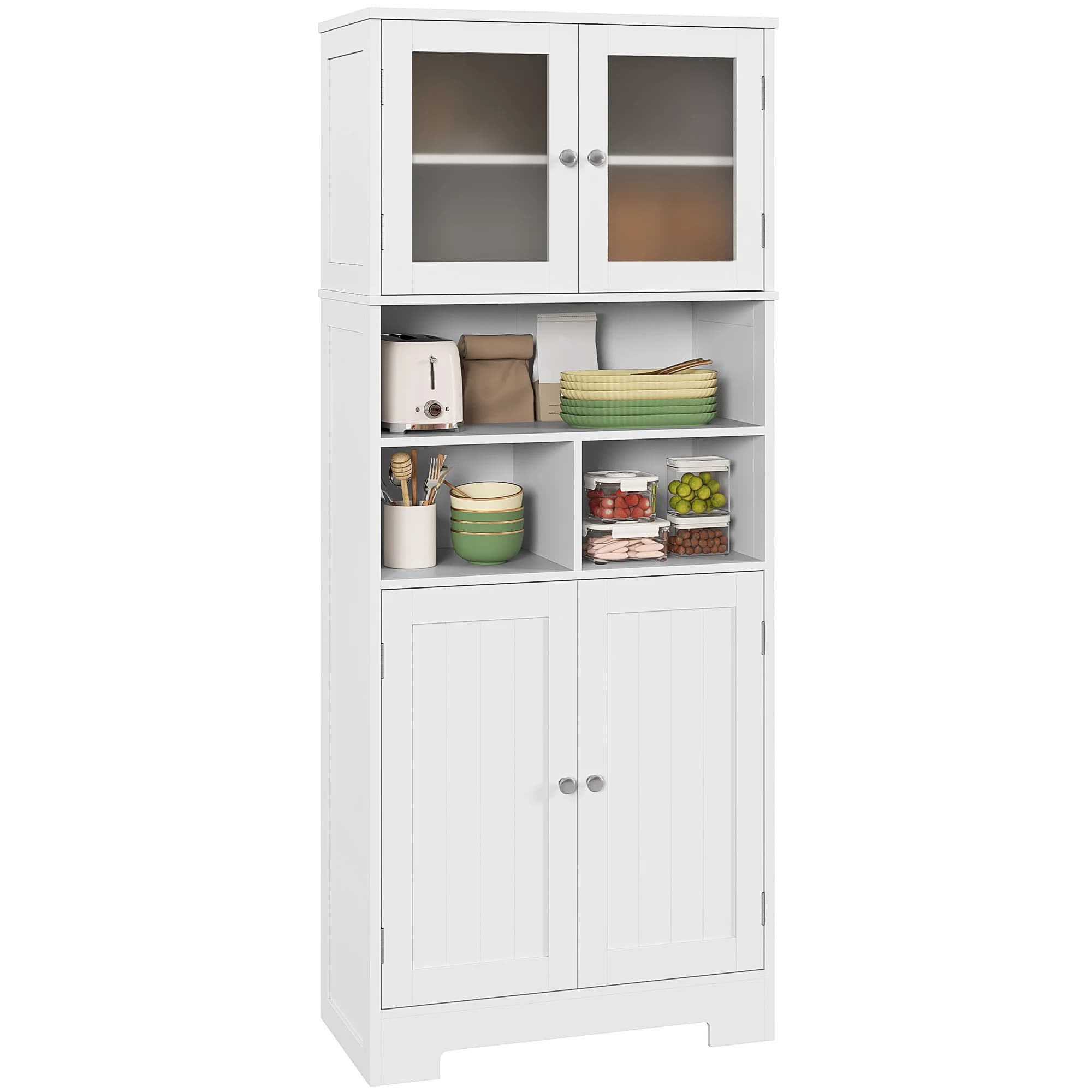HOMCOM Mueble buffet de cocina, armario de cocina, vajilla, 4 puertas, nichos y estantes regulables, puertas de cristal, mueble R