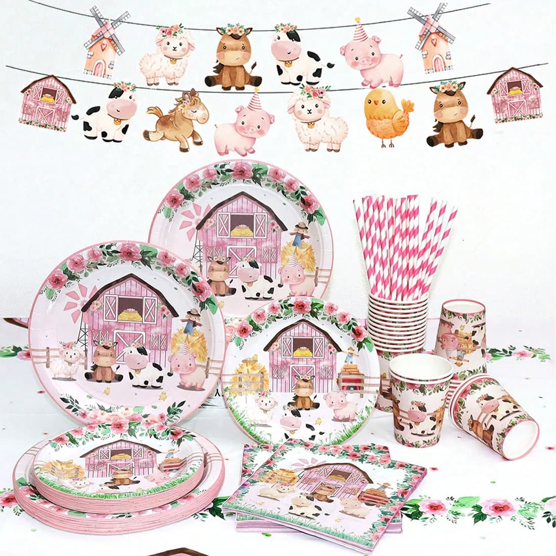 Decoración de cumpleaños de animales de granja rosa, juego de vajilla desechable, pancarta de papel, platos florales, decoraciones para fiesta de