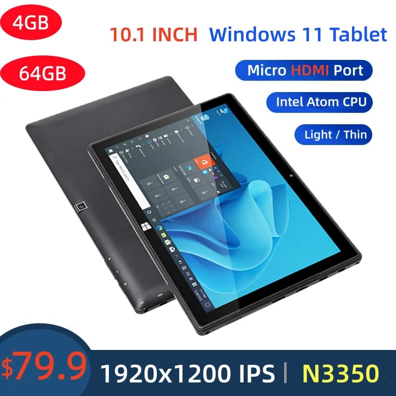 Tablet Windows 11 de 10.1 Pulgadas, 64 bits, Intel Atom N3350 Quad Core, Resolución IPS de 1920 x 1200, WIFI, Puerto Micro HDMI Tipo C, Gran Oferta