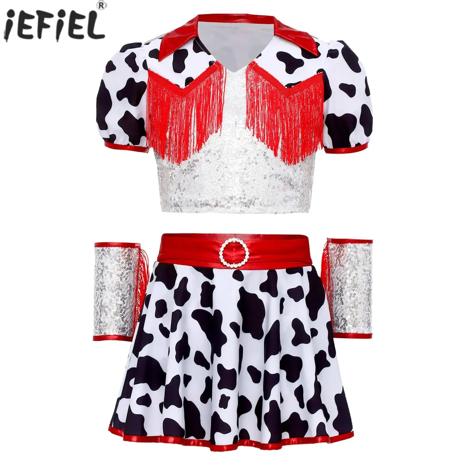 Disfraz de vaquera occidental para niñas, Top corto con flecos y estampado de vaca con lentejuelas brillantes y puños, traje de baile para fiesta de