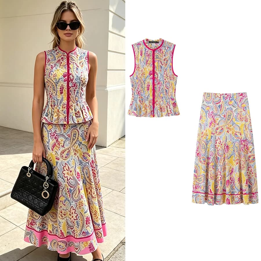Traje de Falda con Estampado de Lunares para Mujer, Top Corto Laminado con Cierre + Falda Midi Asimétrica Plisada, Verano