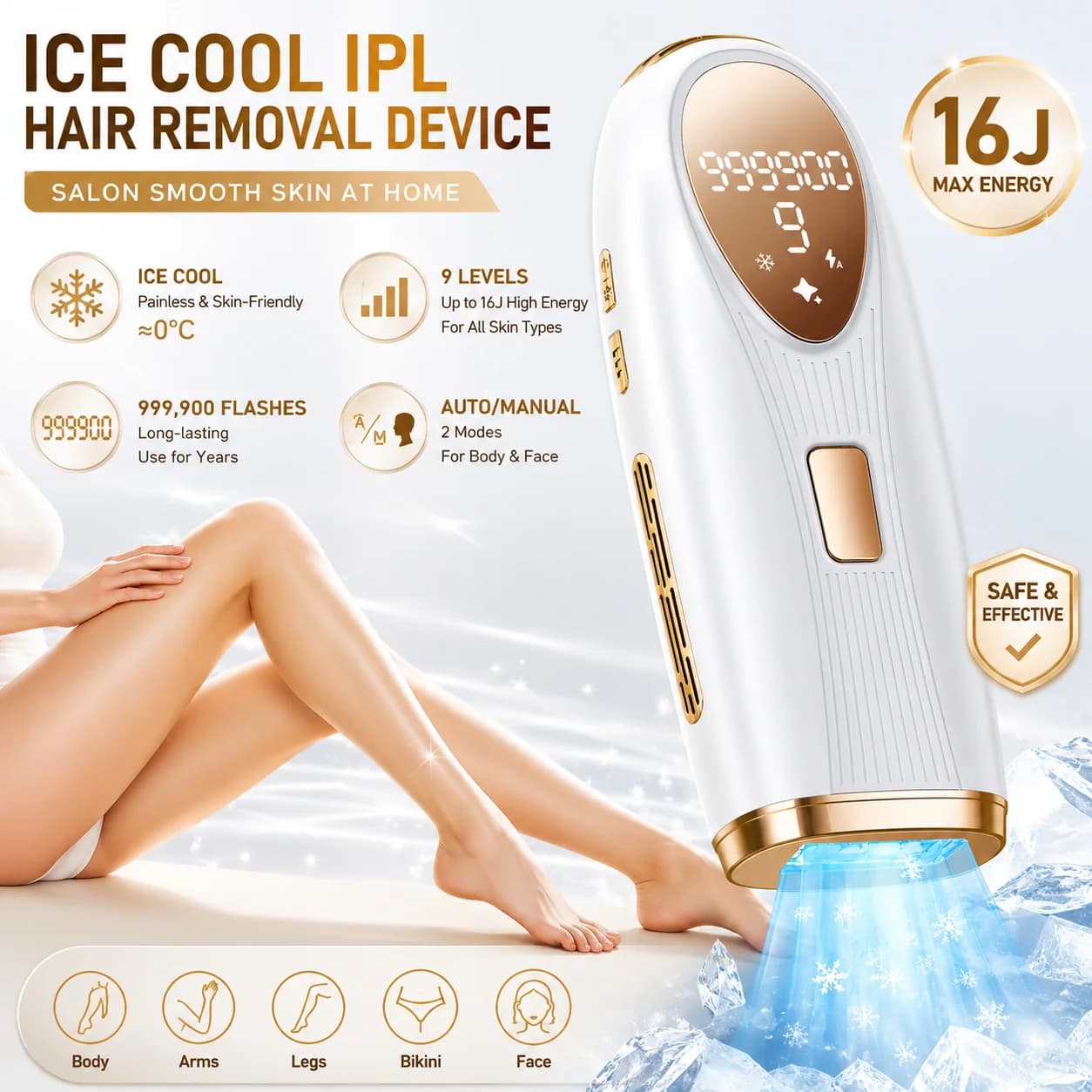 Dispositivo de Depilación Láser IPL para Mujeres y Hombres - Seguro para Usar en Casa 45 ° Contacto con tecnología de enfriamiento por hielo para