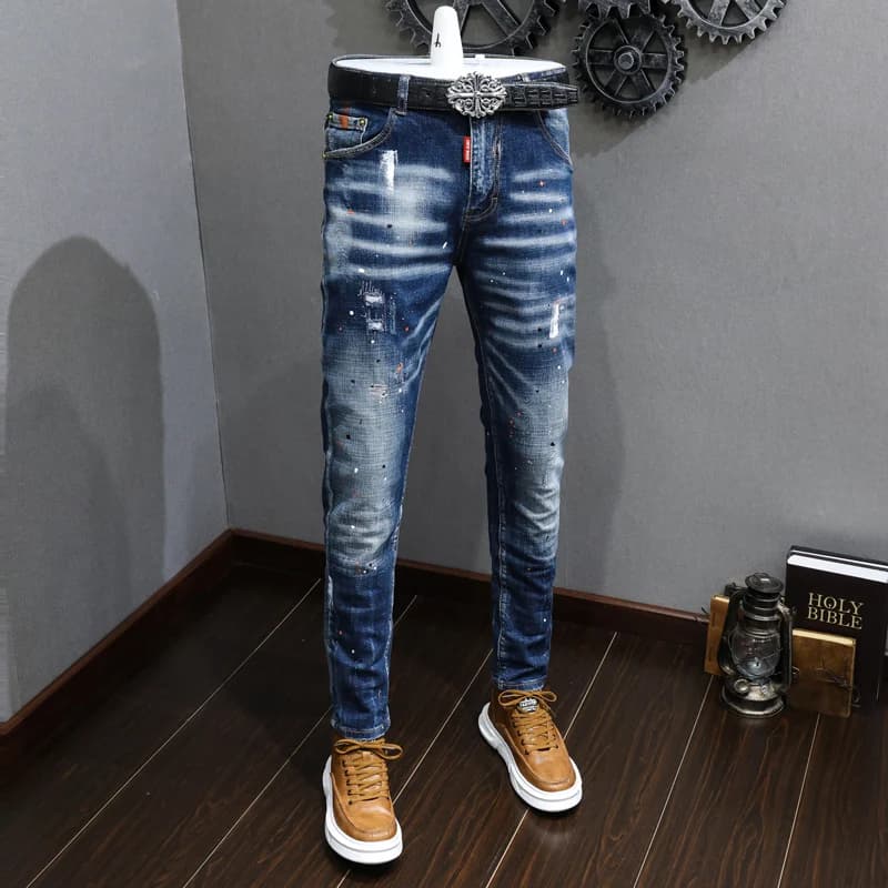 Pantalones vaqueros de diseñador a la moda para Hombre, Vaqueros rasgados pintados ajustados elásticos de Retro Azul, pantalones vaqueros informales