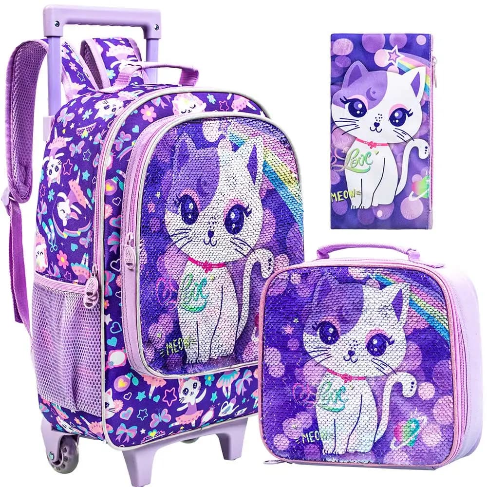 Mochila rodante de 3 uds para niñas y niños, mochila con ruedas y bolsa de almuerzo, diseño de patrón de gato púrpura, función que brilla en la