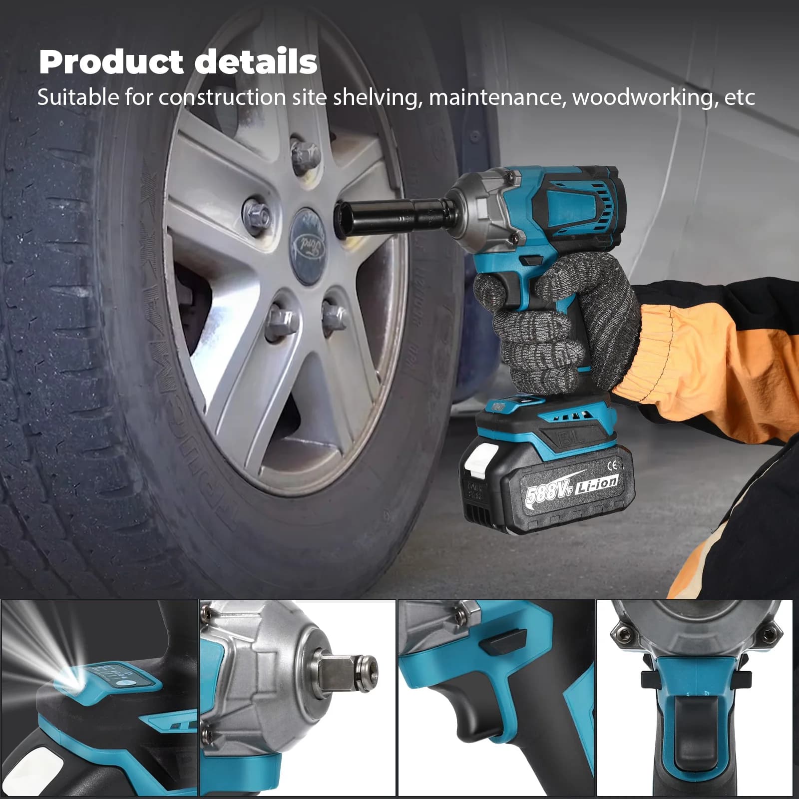 Llave de Impacto Eléctrica sin Escobillas de 1200N.m, 1/2 Pulgada, Inalámbrica, para Reparación de Automóviles, Destornilladores Eléctricos,