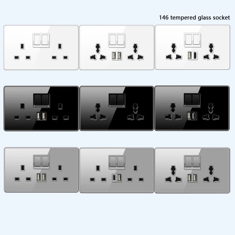 Enchufe de pared UK 13A con enchufe de carga rápida tipo C de 18W, toma de corriente de Panel de vidrio doble Universal con carga rápida USB C