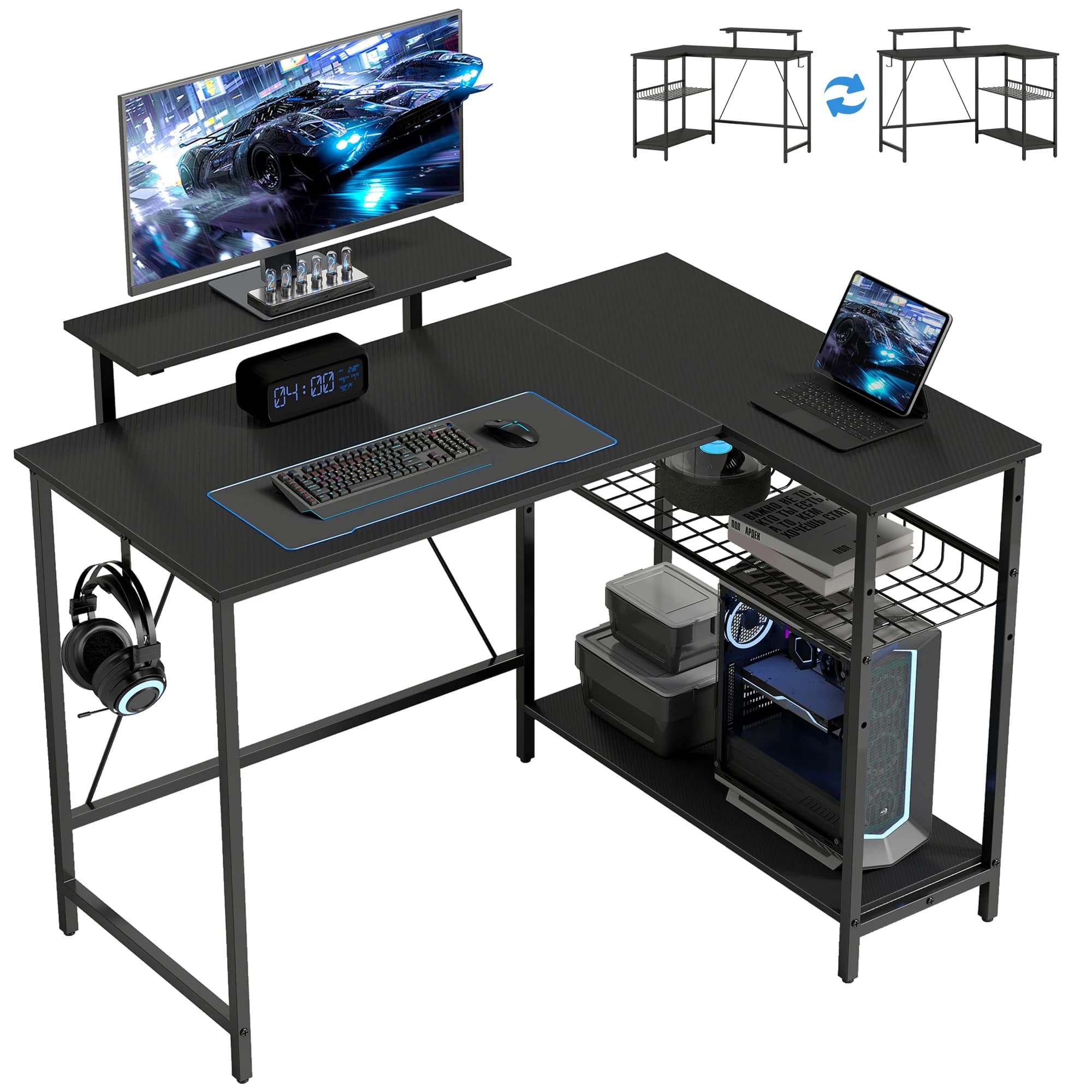 HOMCOM desk gaming reversible 114,5x82 cm, desk angle gaming with screen holder and adjustable mesh shelf, tabl