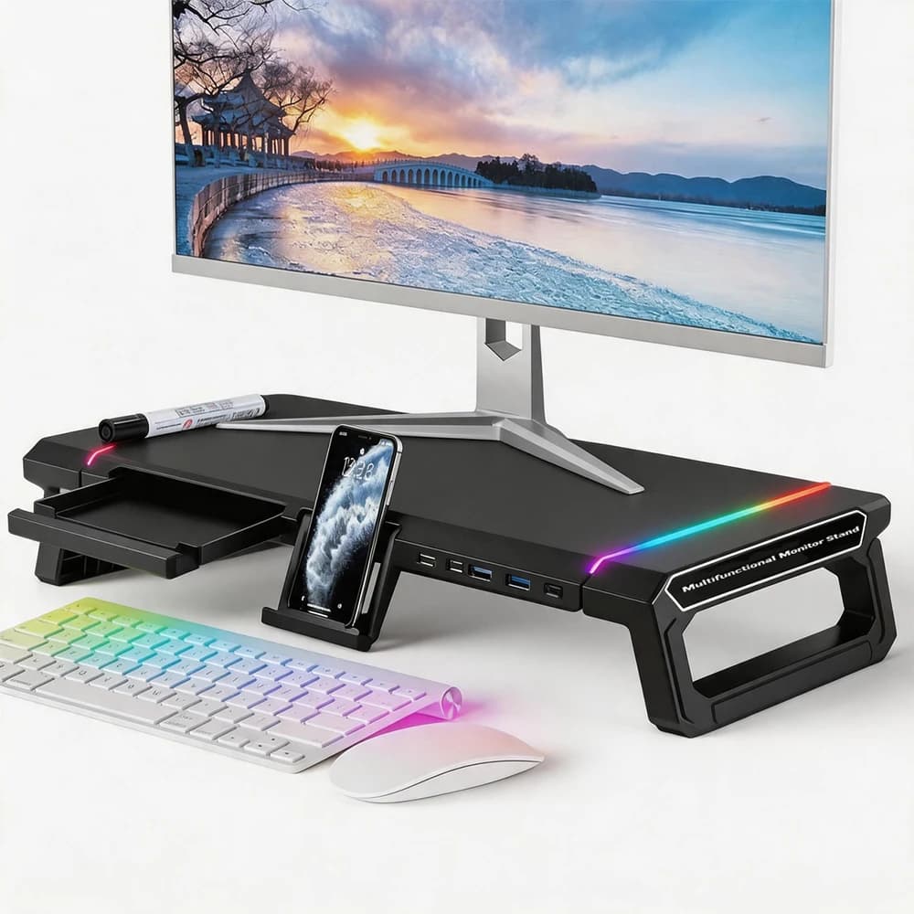 Soporte elevador para monitor RGB con concentrador USB 2.0/3.0, soporte ergonómico para computadora, organizador de escritorio, soporte plegable para