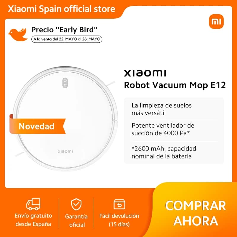 Oficial |   Aspiradora Robot Xiaomi E12, Potente Ventilador de Succión de 4000 Pa, Limpieza Eficaz en una Sola Pasada