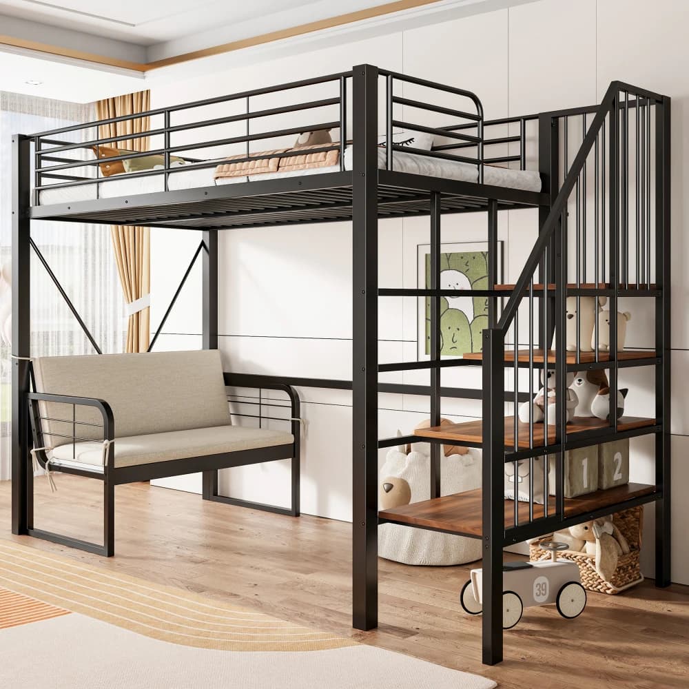Litera con Estructura Metálica Estable, Sofá Tapizado Desmontable, Espacio de Almacenamiento y Escalera de Seguridad, Cama para Niños y