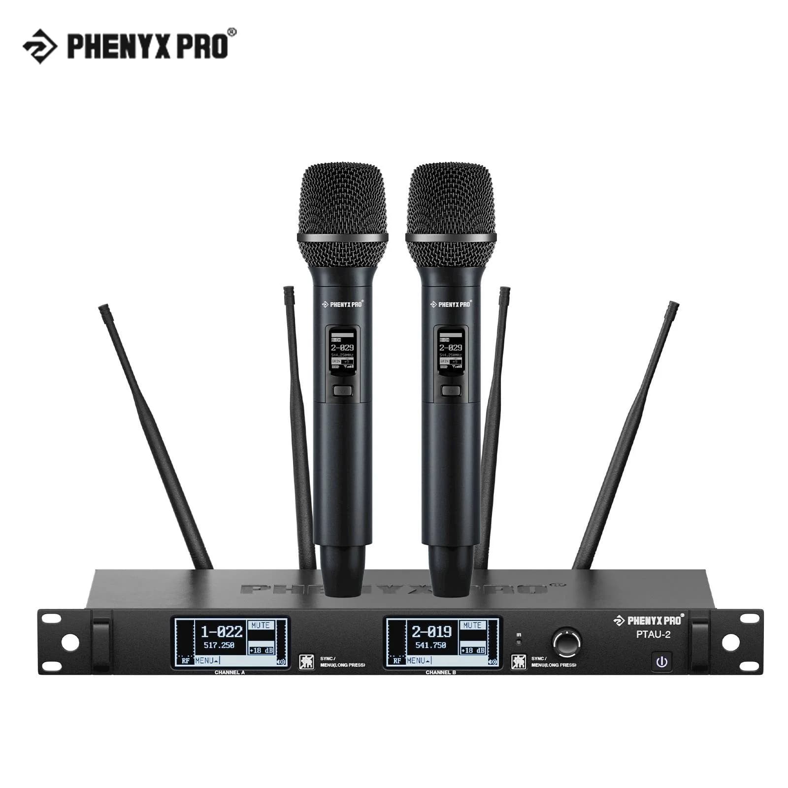 Sistema de micrófono inalámbrico Phenyx Pro PTAU-2 True Diversity con bloqueo de identificación, escaneo automático, micrófonos inalámbricos