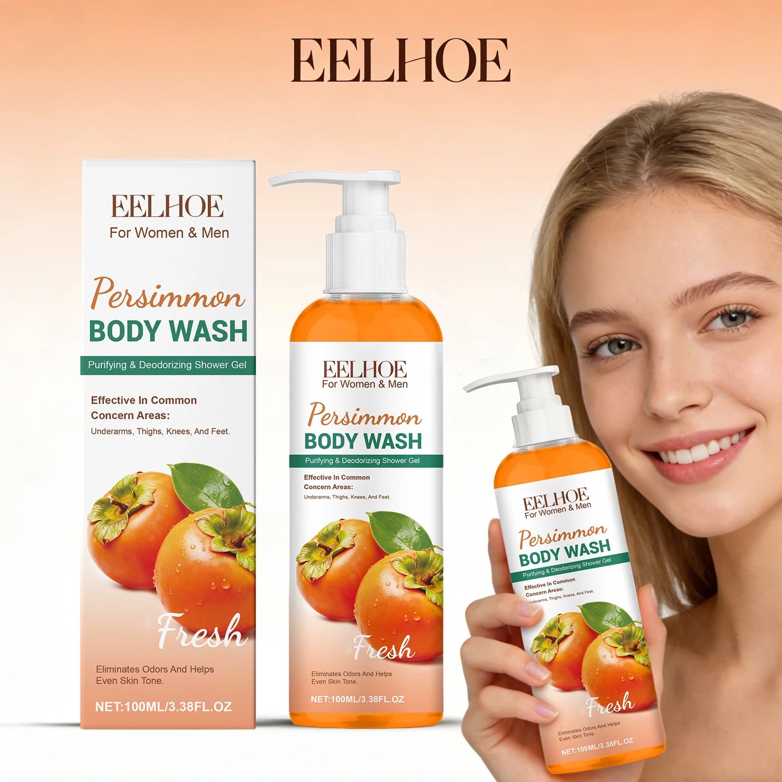 Lavado corporal de caqui, elimina el olor, exfoliante, hidratante de larga duración, refrescante, Control de aceite, Gel de ducha con fragancia