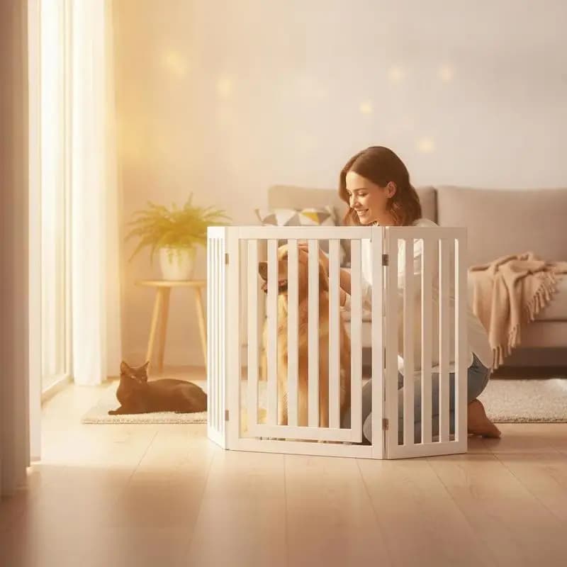 Barrera de Seguridad para Perros, 89 cm de Alto, 4 Paneles, Puerta de Seguridad de Madera Plegable (Extensión Blanca)