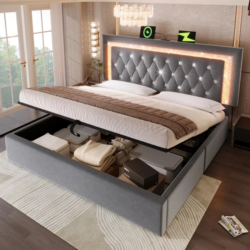 Cama doble tapizada de terciopelo con rayas LED de diamante, estación de carga USB y tipo C, cama con almacenamiento hidráulico (sin colchón)