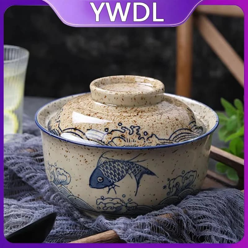 YWDL Tazón de ramen de estilo japonés de 6,5 pulgadas con tapa, tazón de cerámica para fideos instantáneos, para sopa, fideos de arroz y polenta,