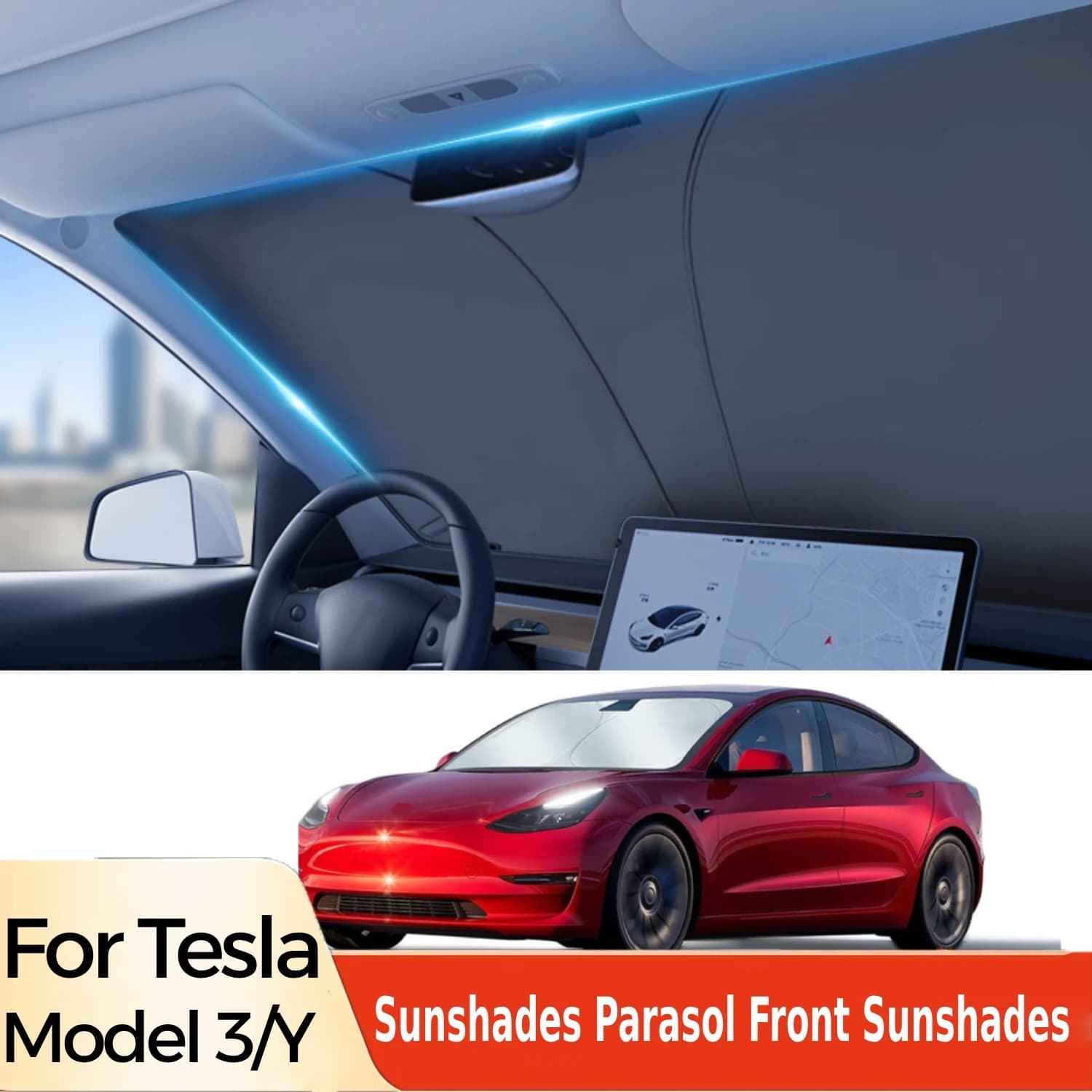 Parasol plegable para parabrisas de coche Tesla, cubierta parasol para ventana delantera, visera de protección térmica para modelo Y Model3 2024,