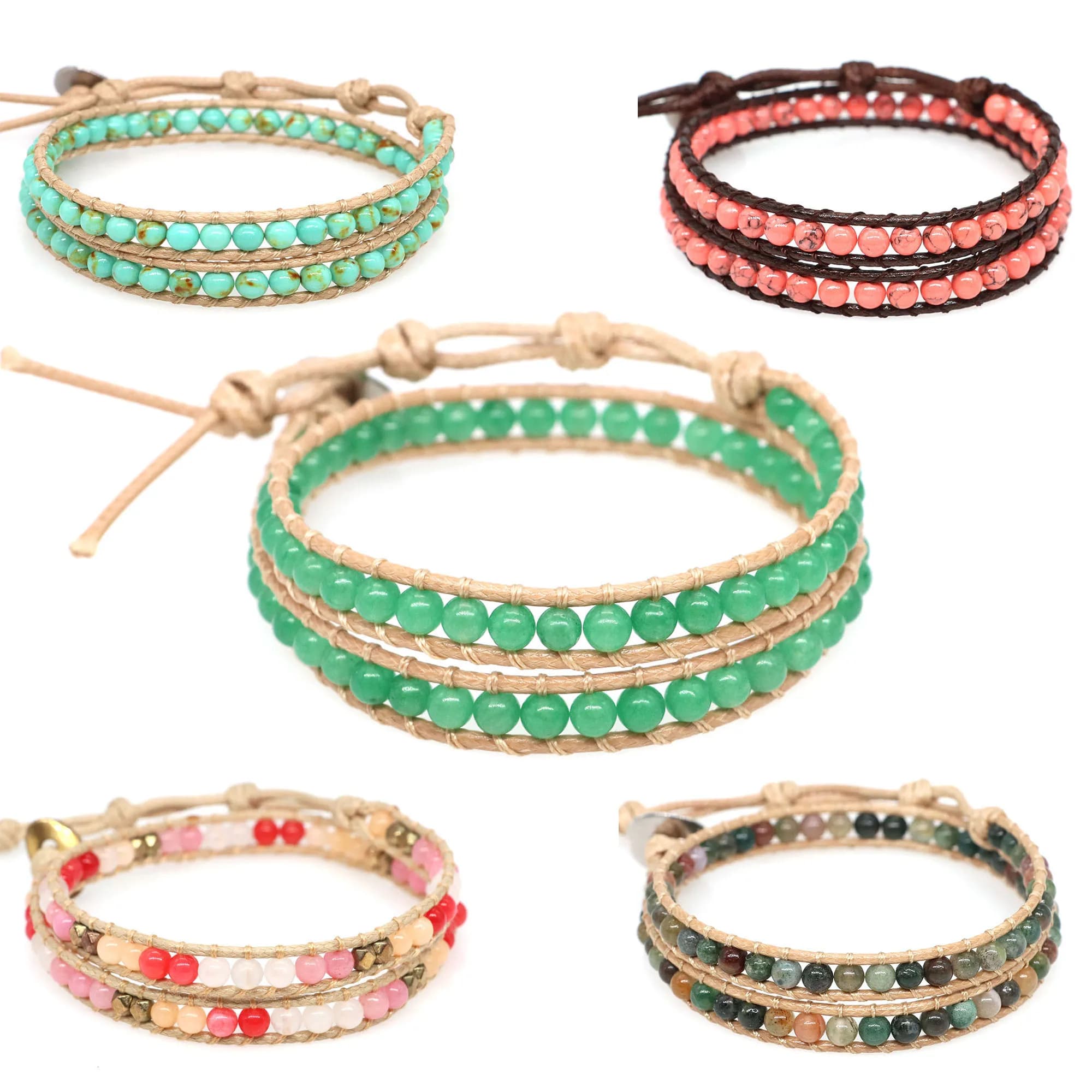 Pulseras bohemias con cuentas de turquesas verdes, gemas de cristal para mujeres y hombres, 2 hebras, envoltura multicapa, joyería encantadora