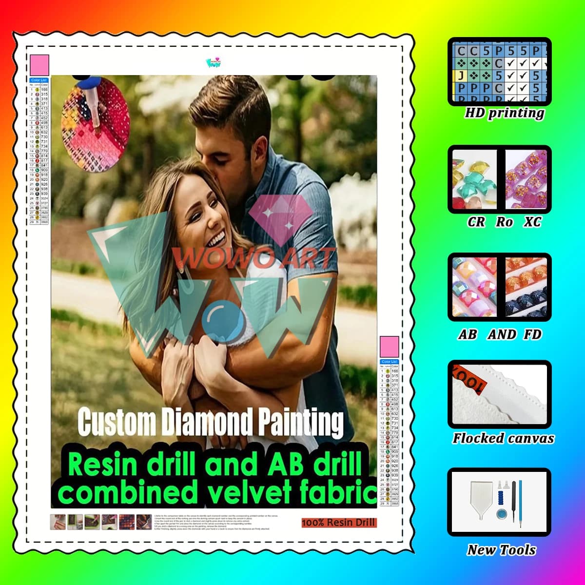 Wowo Art Custom Photos Resina y diamantes AB, FD, CR y XC son deslumbrantes entrelazados. Con tela flocada como