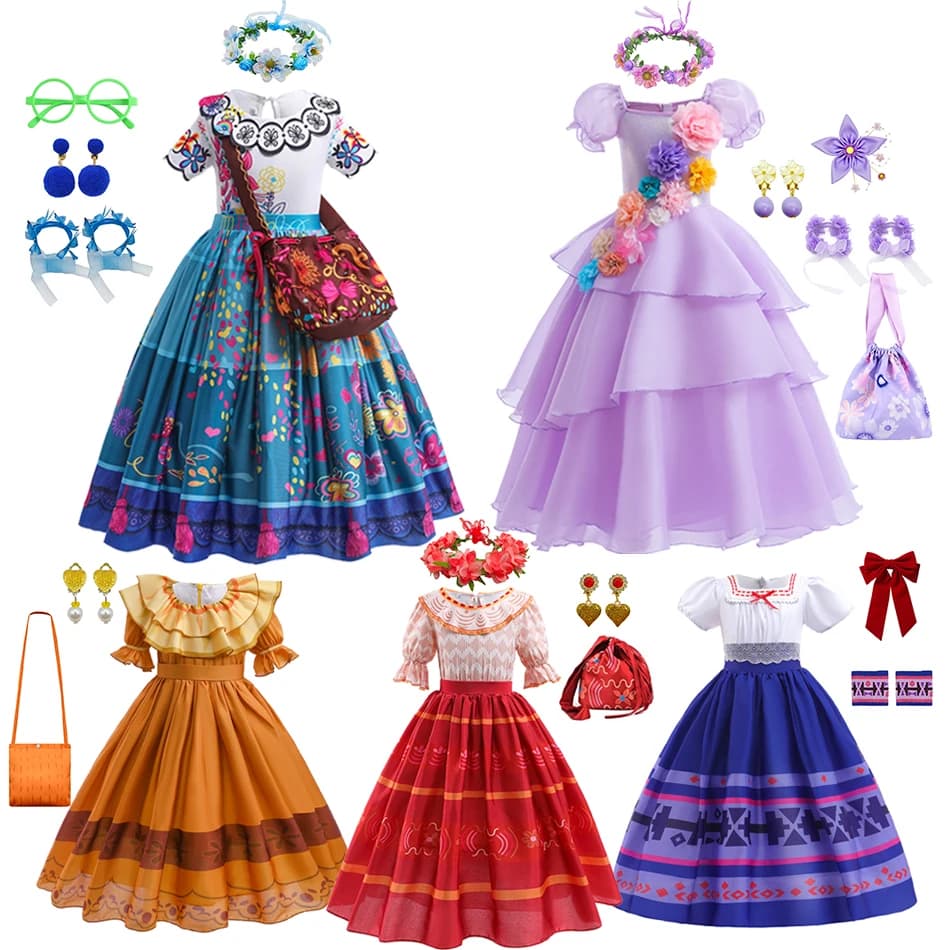 Vestido de Cosplay de Encanto Mirabel para niños, disfraz de Isabella de carnaval, ropa de fiesta temática de princesa de cumpleaños, trajes a