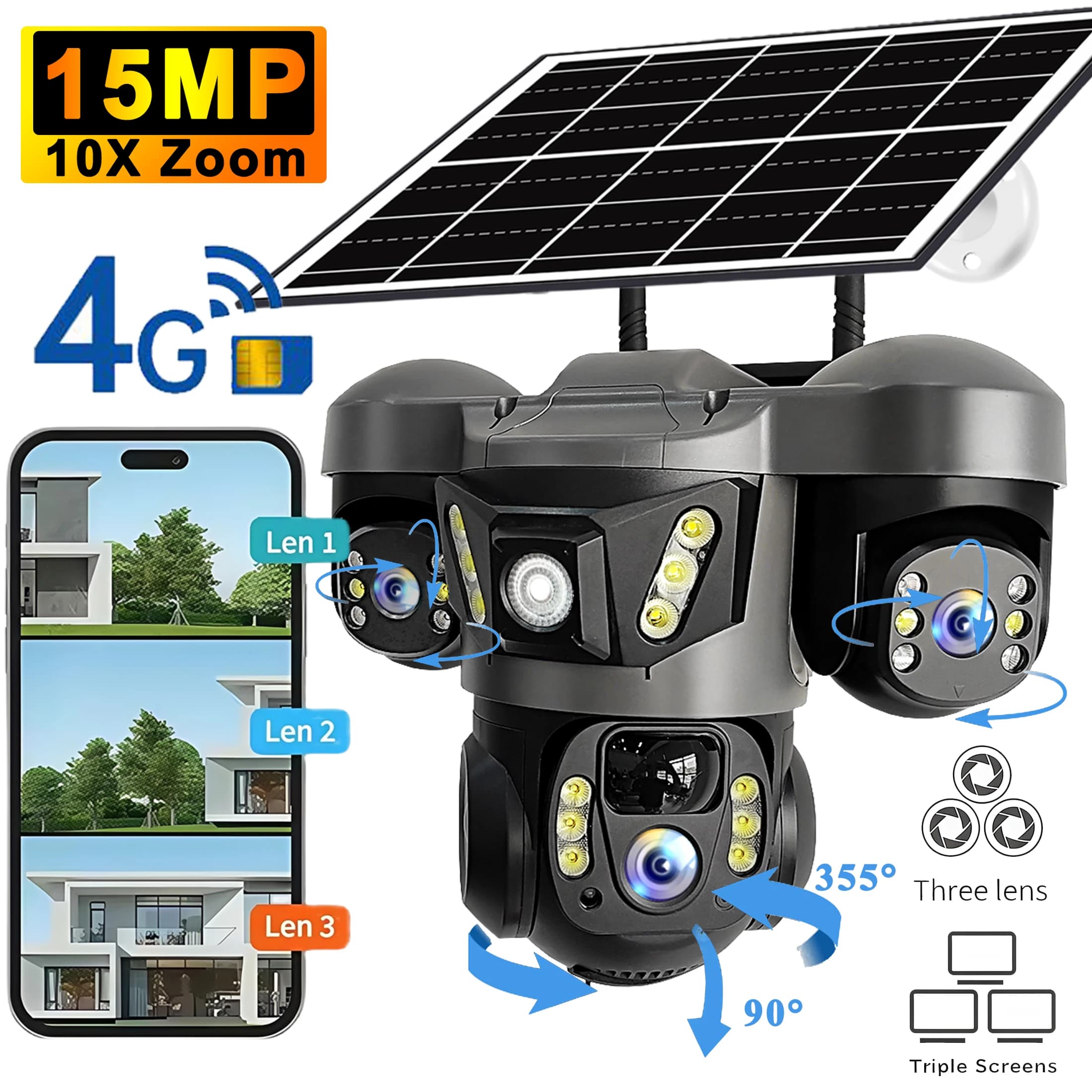 Cámara Solar 4G con Tres Lentes, Audio, Exterior, Impermeable, Batería Integrada, Seguridad, CCTV HD, Cámara de Red con Tarjeta SIM 4G, V380 Pro,