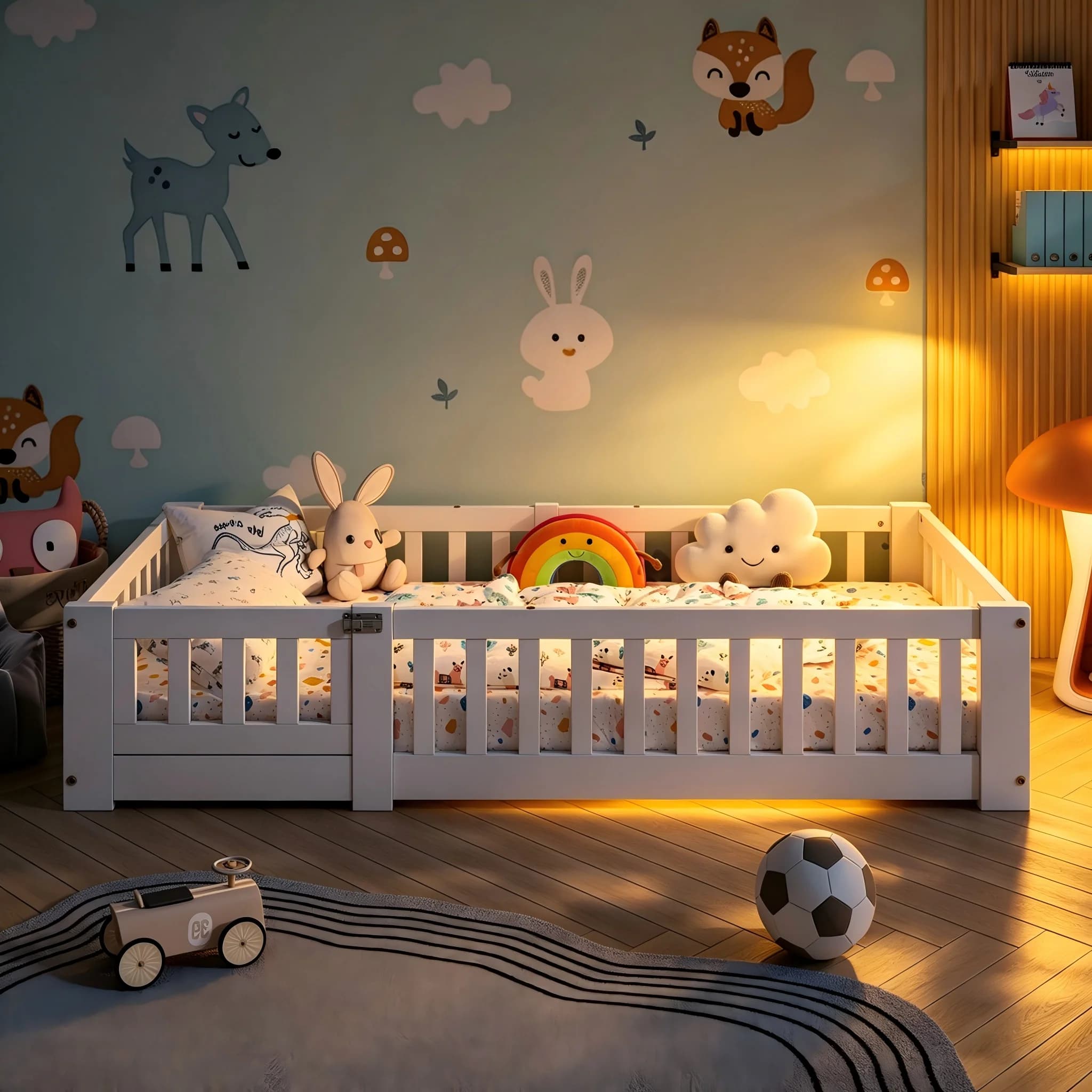 Cama Montessori Rosahqnda de 90 x 200 cm, Carga Máxima 200 kg, Protección Anticaídas Extraíble, Cama Infantil Montessori Hecha de Pino Macizo con