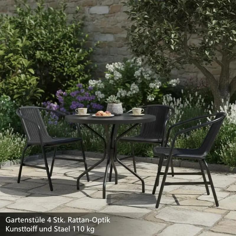 Conjunto de sillas de jardín. Sillas de exterior con aspecto de mimbre y estructura de acero apilable, resistentes y duraderas, cómodas y