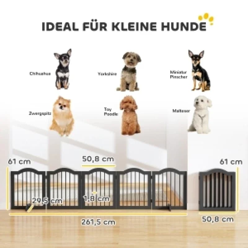 Barrera para perros independiente con patas, plegable, 5 paneles, 261.5 x 29.5 x 61 cm, negra