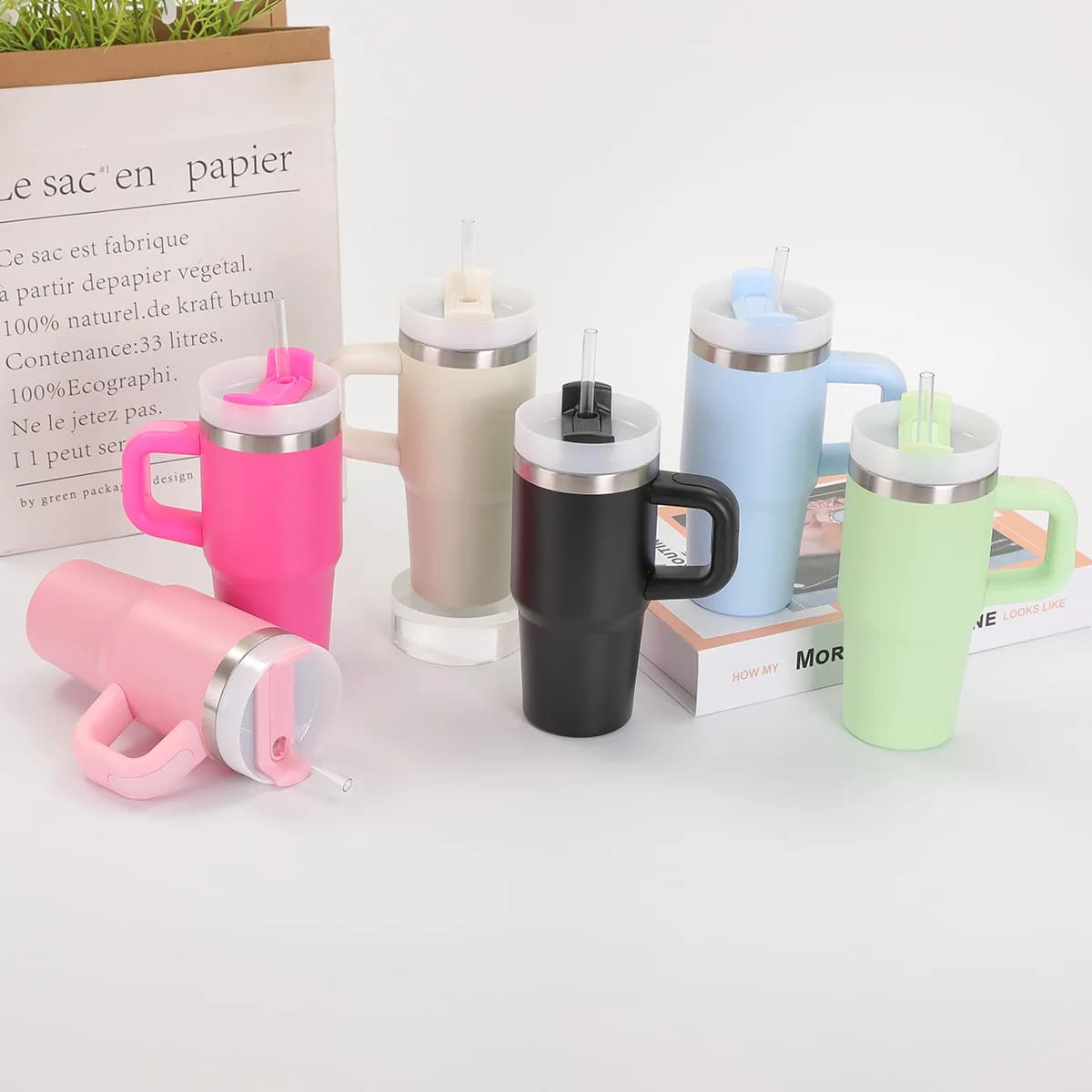 Taza de coche de 14oz con asa, taza de café al vacío de doble capa, taza de agua portátil, taza térmica de viaje de acero inoxidable 304 de gran