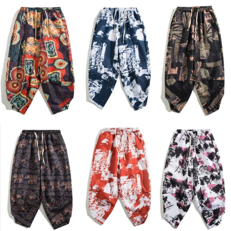 Pantalones capri, pantalones cortos recortados de verano para hombres, pantalones sueltos de rábano para hombres, pantalones Harun de 7 puntos,