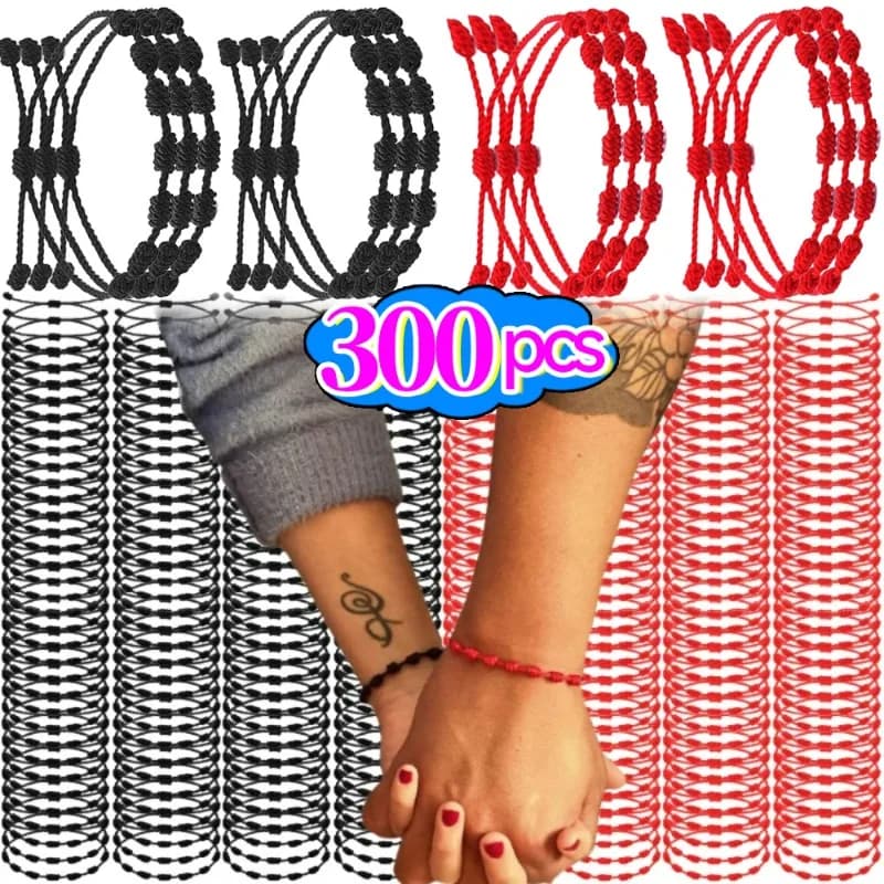 Pulsera de hilo rojo y negro de 7 nudos de la suerte para protección de amantes, amuleto de la suerte, pulsera de cuerda trenzada de amistad, regalo