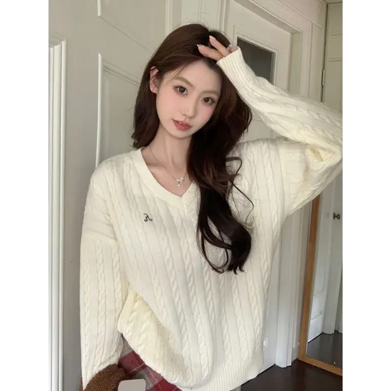 Ropa de mujer, jerséis de punto lisos que combinan con todo, suéteres de manga larga elegantes con cuello en V para otoño e invierno, Tops sueltos