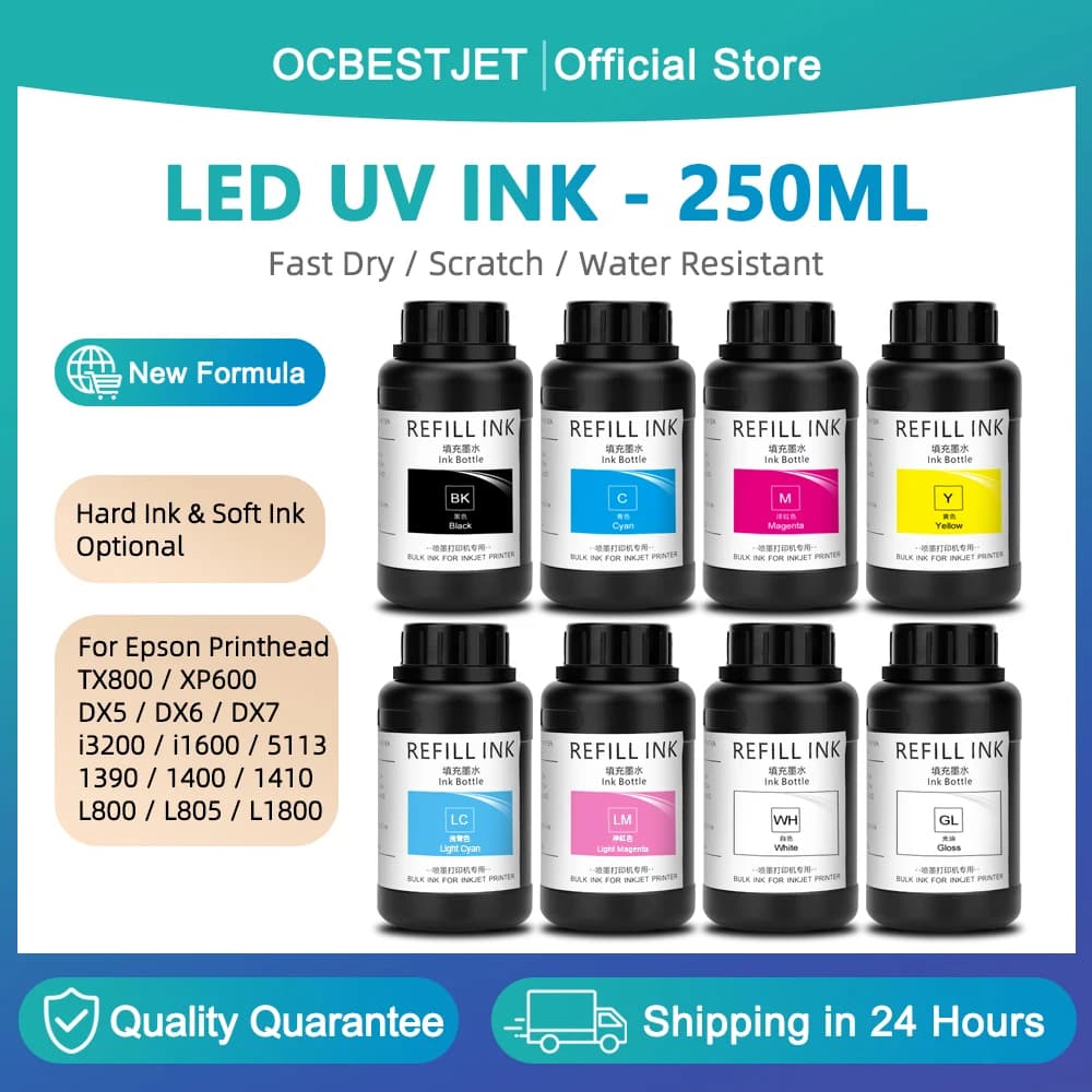 Tinta de curado UV de 250ML para impresora UV Epson XP600 TX800 L800 L805 L1800 1390 R1390 1400 DX5 DX7 DX10 i3200 i1600 4720 5113