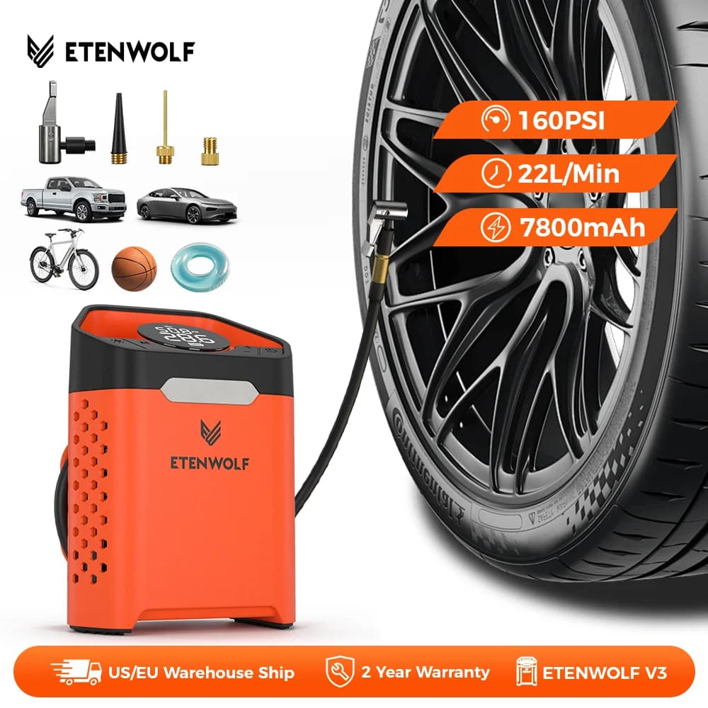 ETENWOLF ZEPHYR V3 compresor de coche portátil 160 PSI 100% Inflador de neumáticos de coche de ciclo de trabajo 7800mAh para coches motocicletas