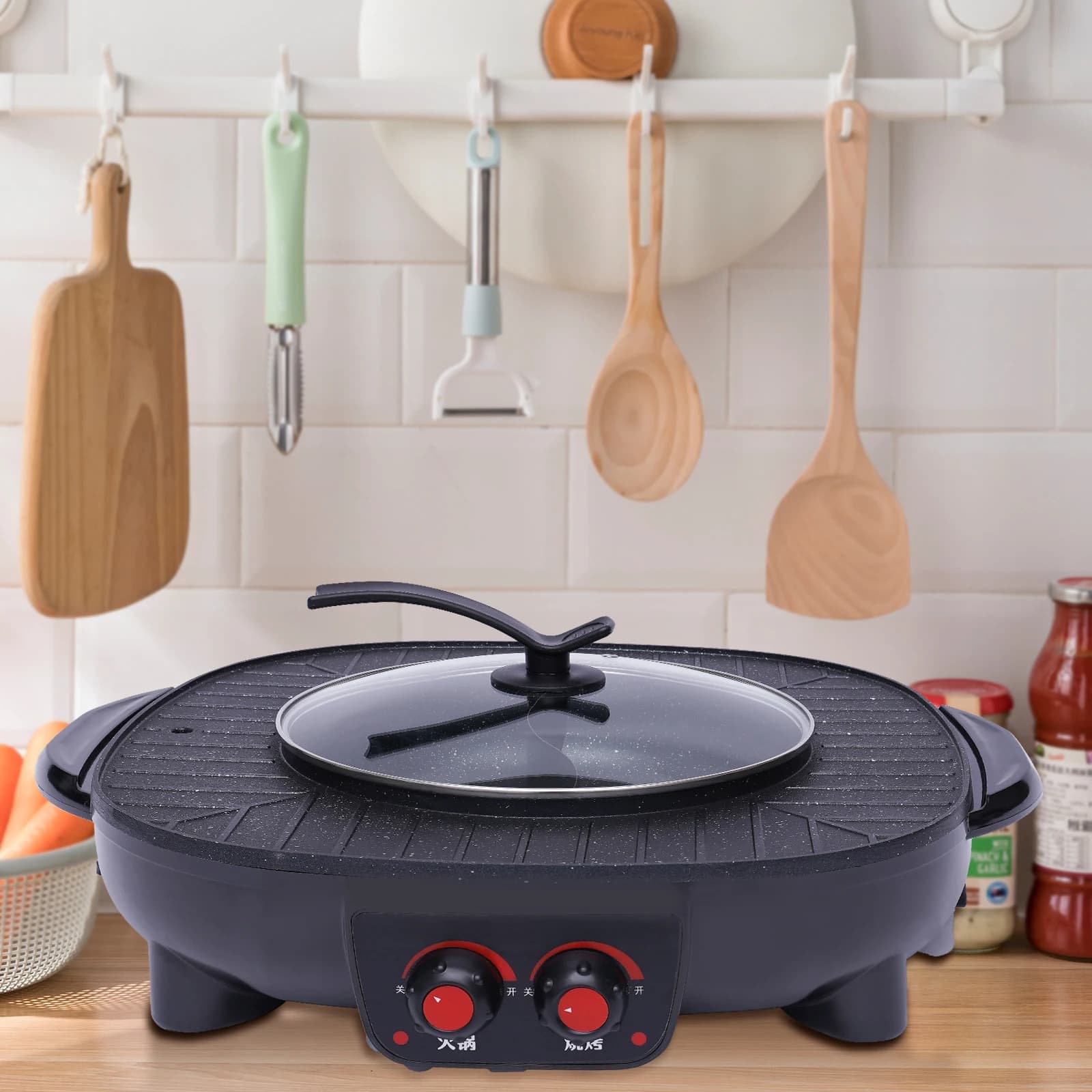 Parrilla eléctrica 2 en 1 de 2100 W, olla caliente multifuncional y parrilla de mesa para barbacoa, olla caliente redonda profesional (negro)