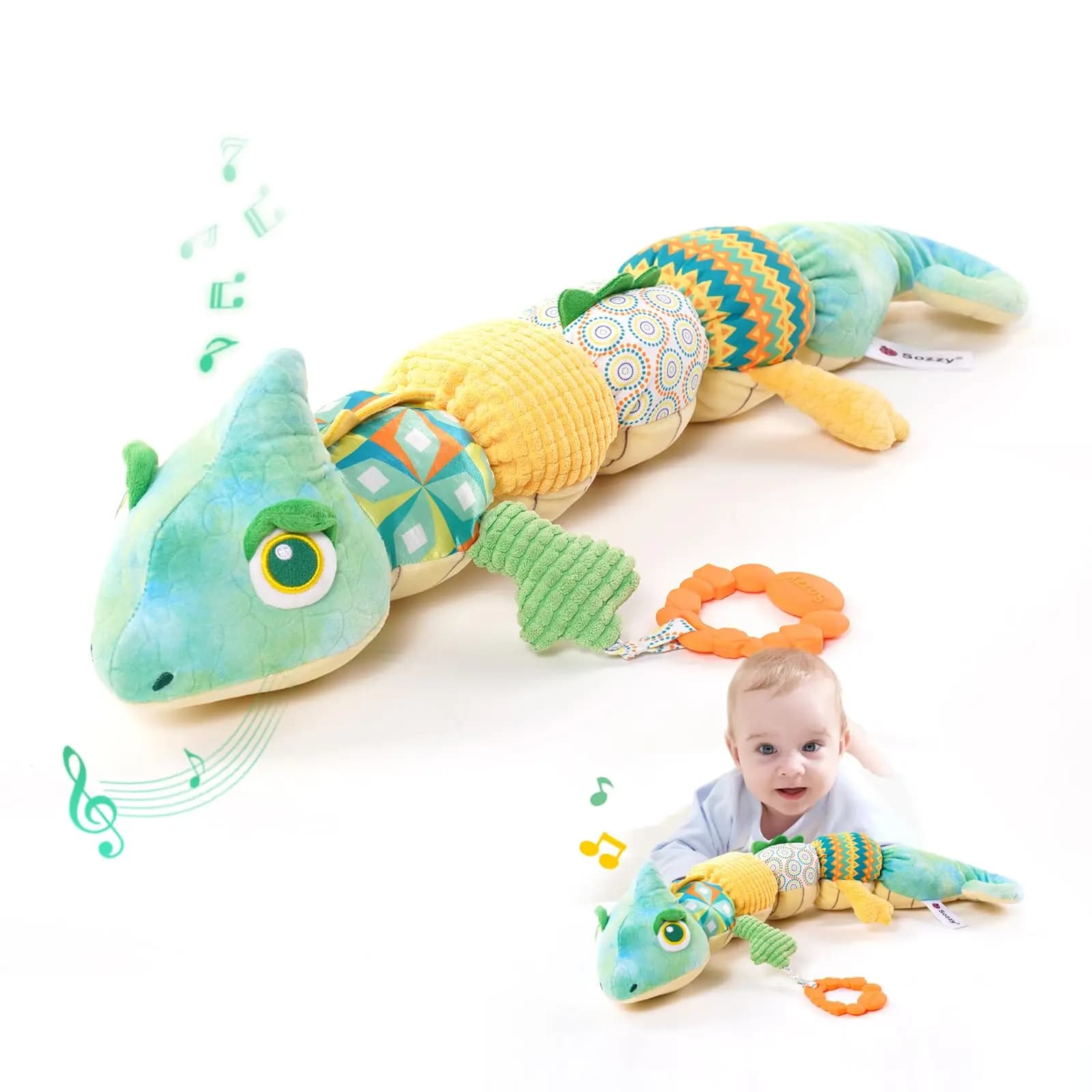Chameleo-juguetes musicales para bebés, juguetes de peluche con sonajeros, campana arrugada, juguetes para la dentición del bebé para el tiempo de