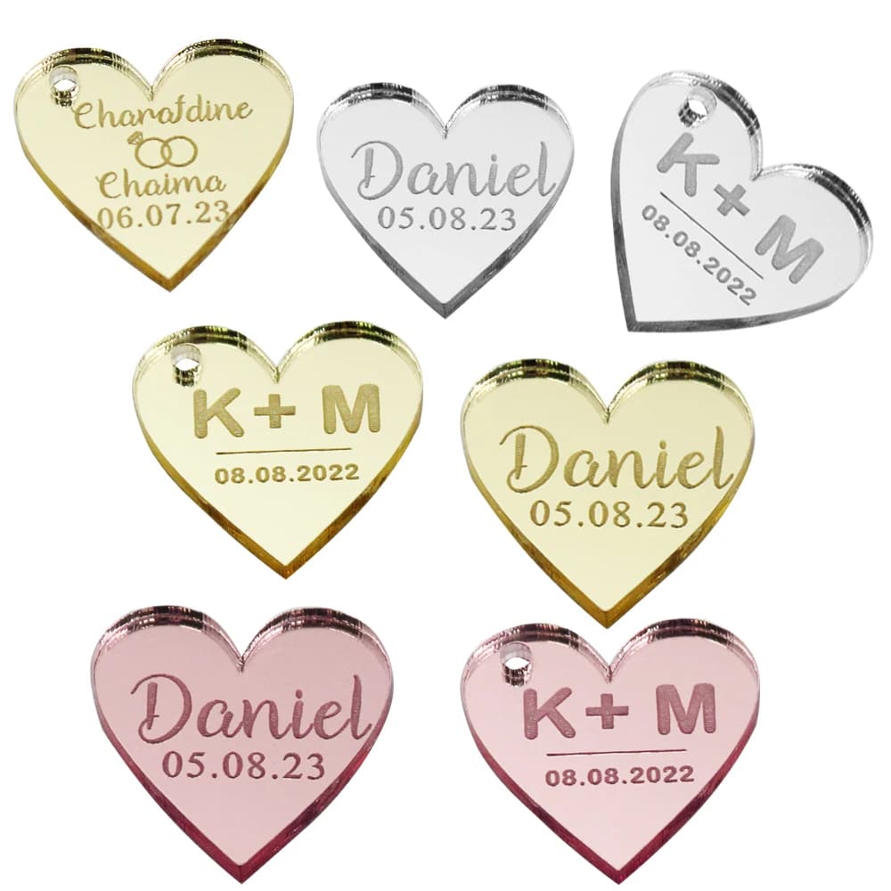 Etiquetas de espejo acrílicas personalizadas, etiquetas de corazones de boda grabadas, dijes de pastel personalizados, etiquetas de regalo para